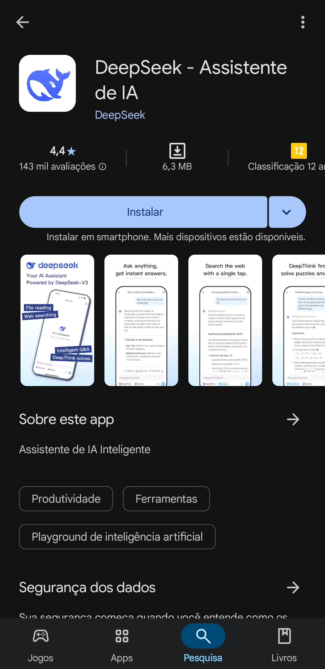 Figura 1: Tela do aplicativo DeepSeek na Play Store. Fonte: Play Store: DeepSeek