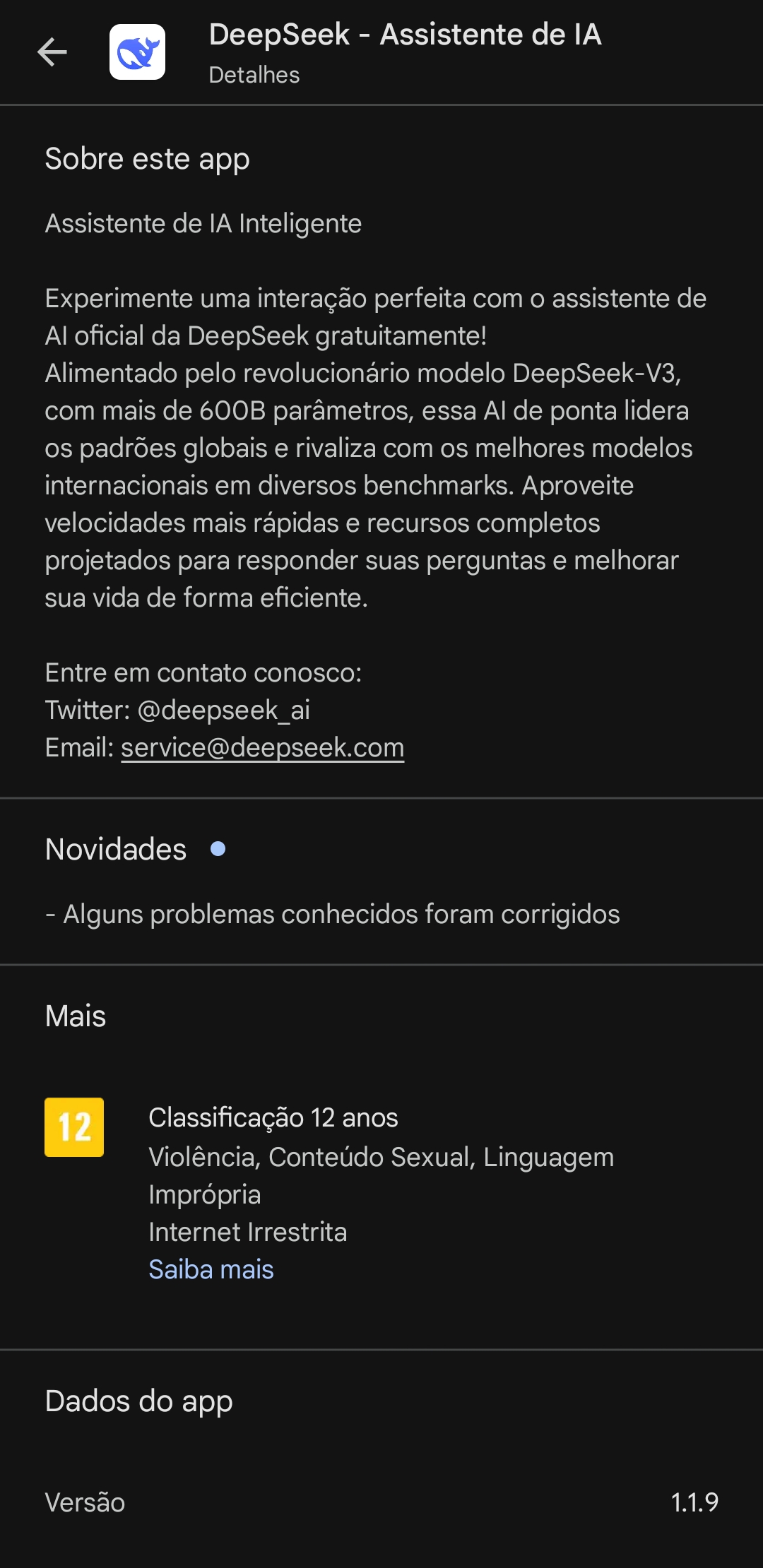 Figura 7: Descrição do app DeepSeek na Play Store. Fonte: Play Store: DeepSeek