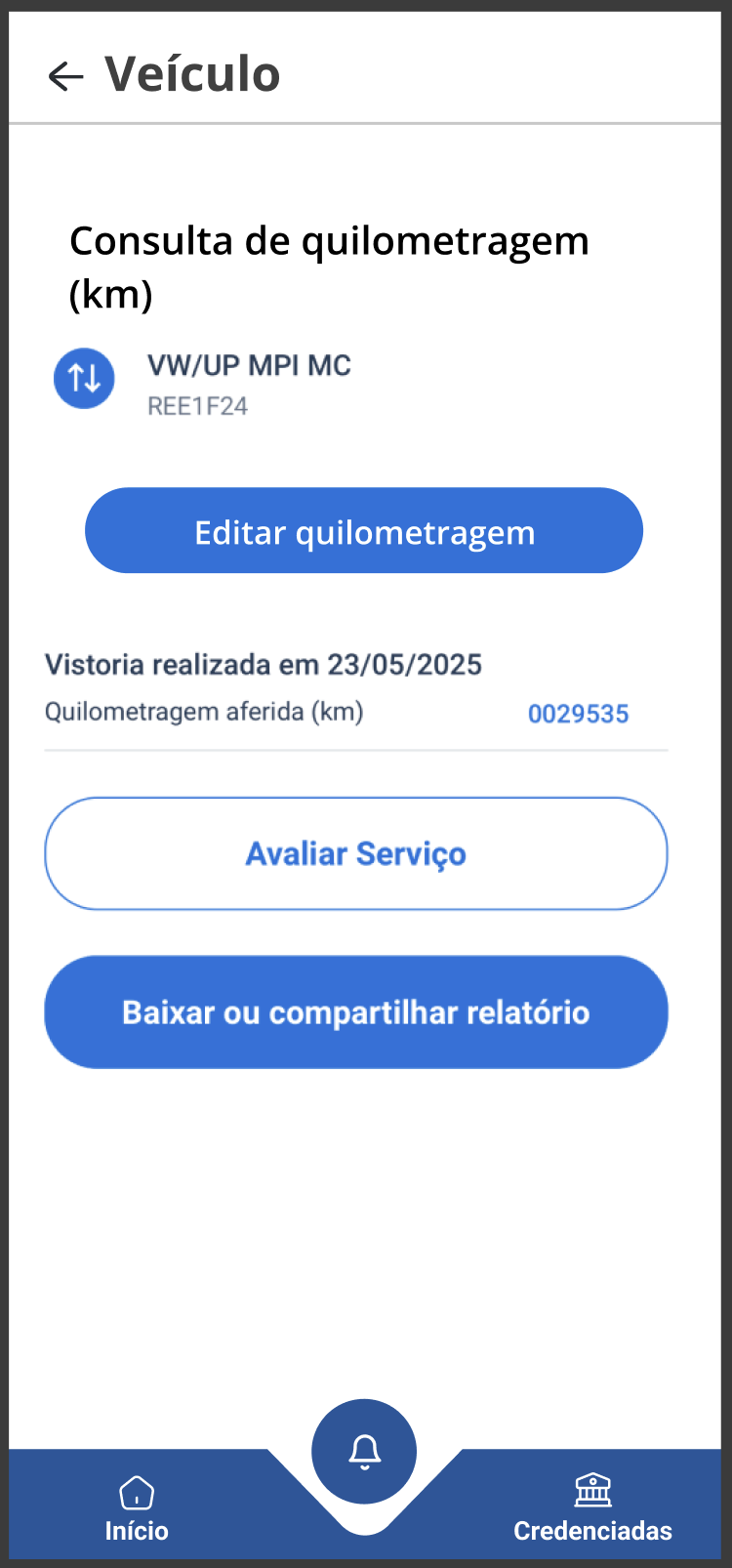 Tela de editar quilometragem